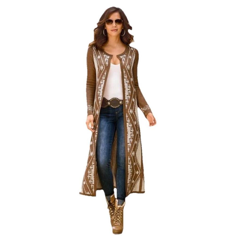 Boston Proper Long Duster Cardigan M/L Aztec Western Boho Open Knit Sweater